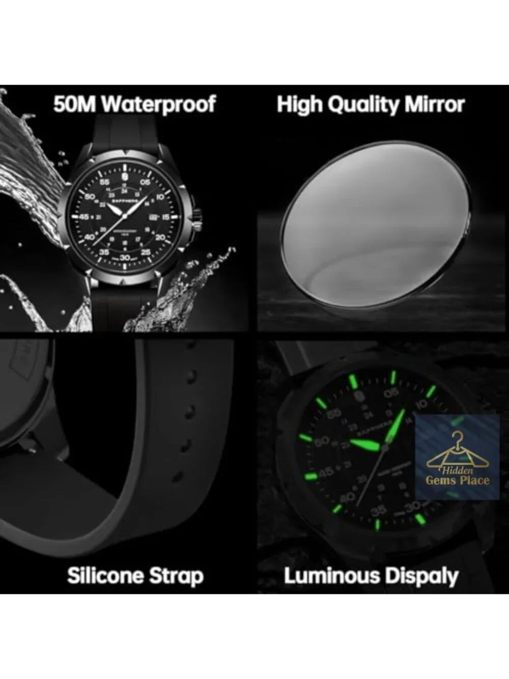 Silicone Strap Quartz Watch with Date Display Luminous Waterproof Men's Wrist